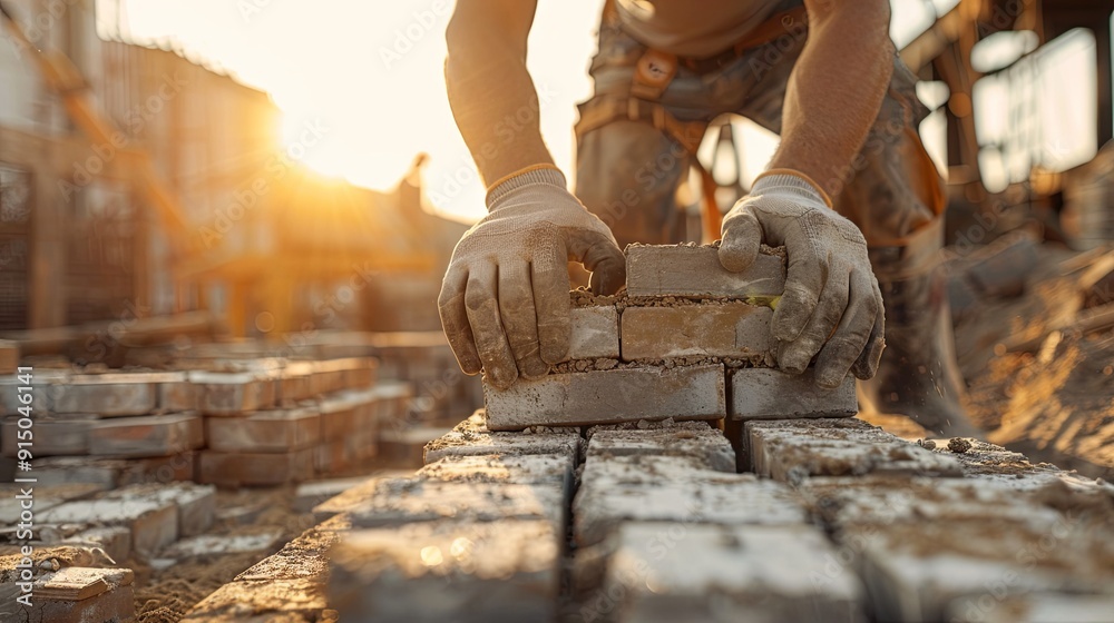 A close-up view of an industrial bricklayer laying bricks at a construction site A close-up view of an industrial bricklayer laying bricks at a construction site