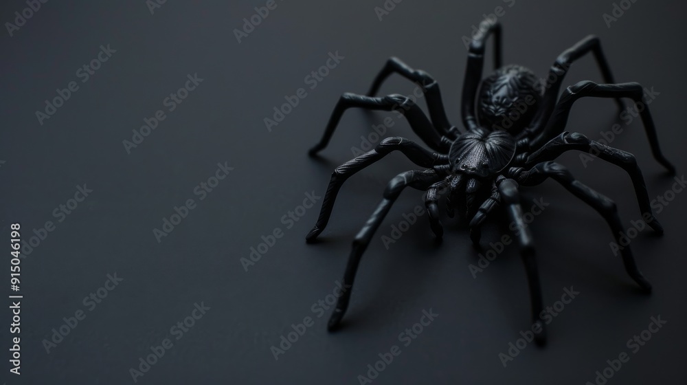 A close-up of a black spider stands menacingly on a matte black surface, highlighting its detailed texture. A close-up of a black spider stands menacingly on a matte black surface, highlighting its detailed texture.