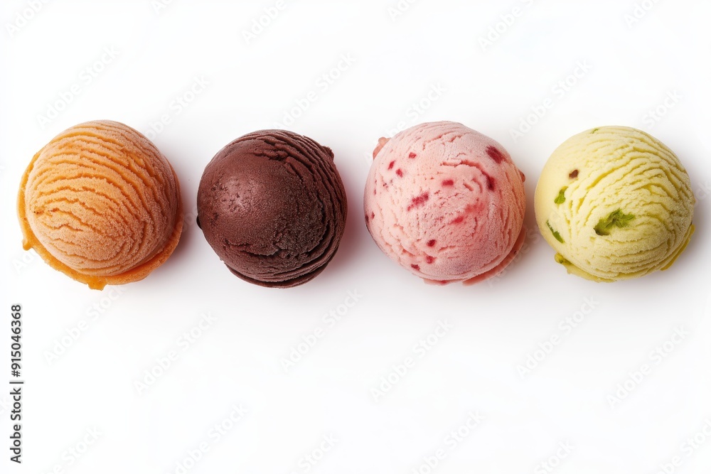 Assorted vanilla, strawberry, caramel, pistachio, and chocolate ice cream scoops on white background Assorted vanilla, strawberry, caramel, pistachio, and chocolate ice cream scoops on white background