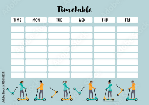 School timetable with scooter riders illustration.