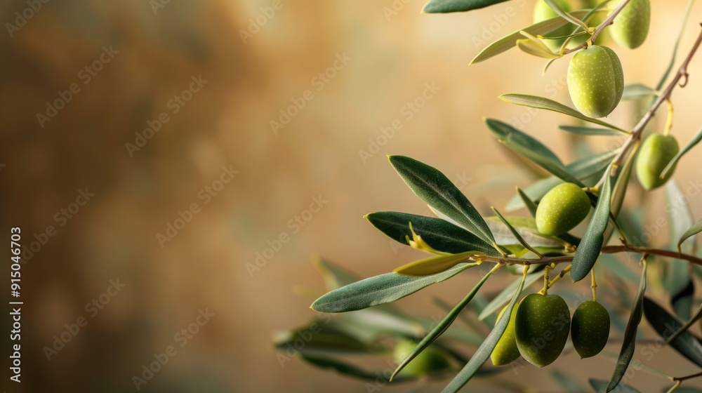 A close-up of an olive branch with green olives and leaves, symbolizing the healthy and shiny nature of Spanish crowded blends. The background is a warm brown to reflect their natural coloration.