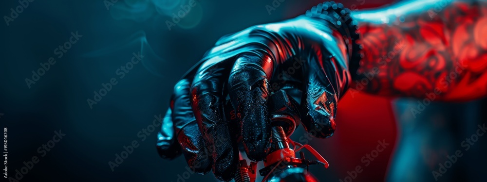 A hand with a red and blue design against a black backdrop - close-up A hand with a red and blue design against a black backdrop - close-up