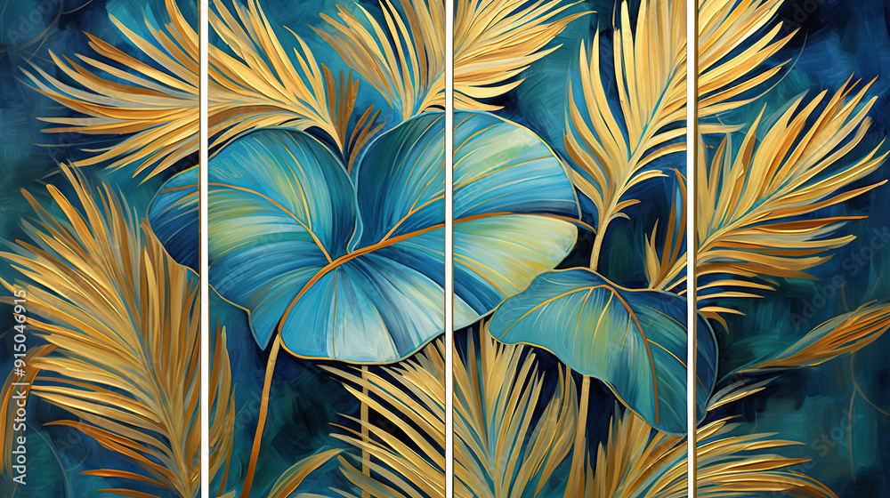 Abstract flowers and tropical leaves in blue and gold tones, triptych Abstract flowers and tropical leaves in blue and gold tones, triptych