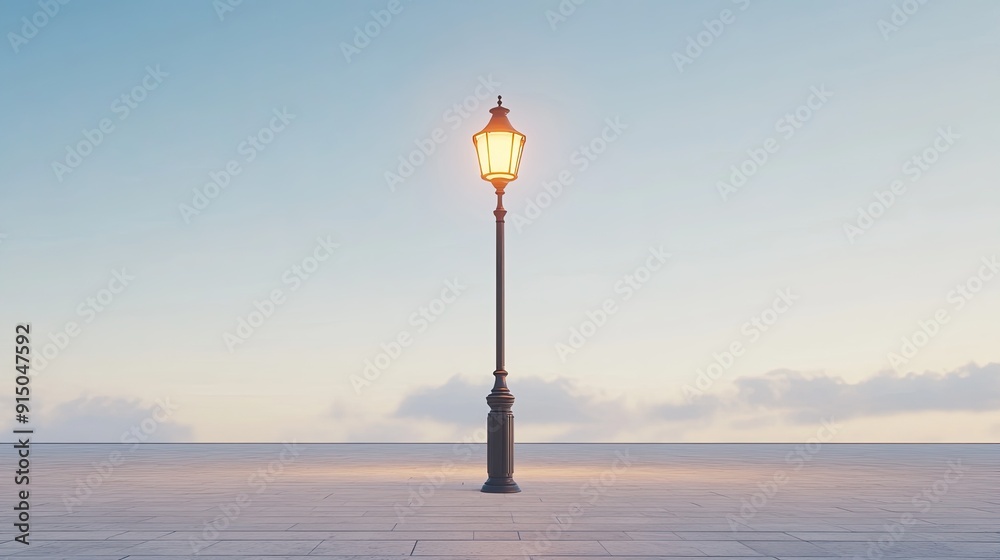 Obraz premium A single lit street lamp stands tall on a tiled ground, against a light blue sky with wispy clouds.