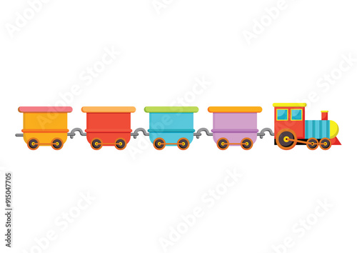 Colored cartoon train with wagons in flat style isolated on white background