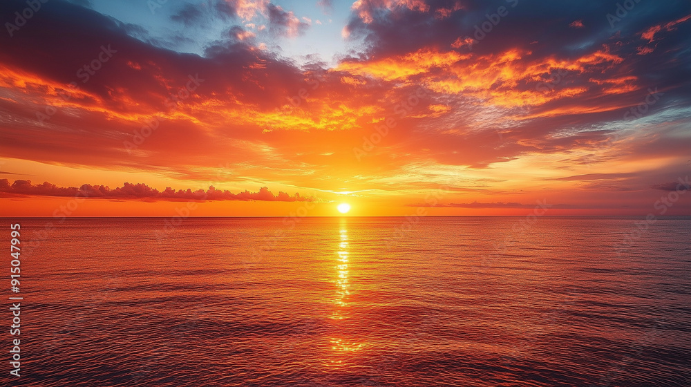Sunrise over the sea, orange-red sky with light clouds Sunrise over the sea, orange-red sky with light clouds