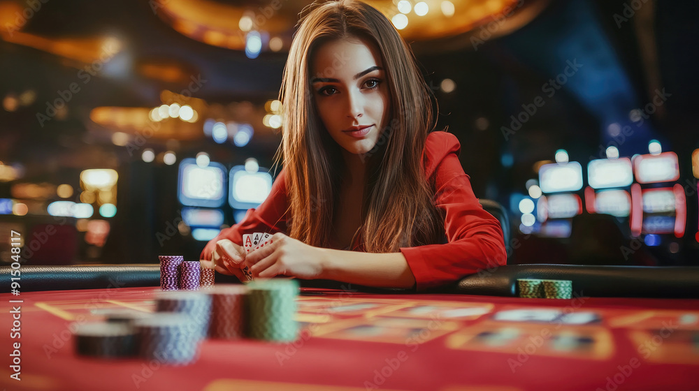 Fototapeta premium Woman Dealer Standing by Casino Table Playing Poker and Roulette