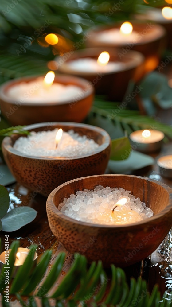 Fototapeta premium Soft candlelight flickers around bowls of salt, creating a serene spa setting perfect for relaxation and rejuvenation