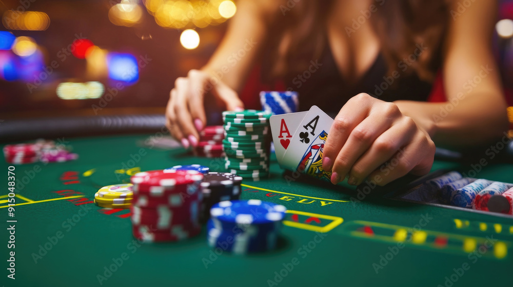 Woman Dealer Standing by Casino Table Playing Poker and Roulette Woman Dealer Standing by Casino Table Playing Poker and Roulette