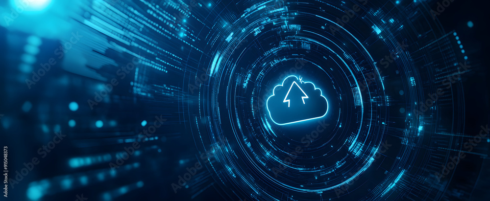 Blue Digital Background with Cloud Icon and Upward Arrow Blue Digital Background with Cloud Icon and Upward Arrow