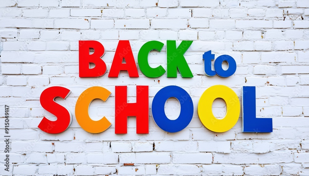 Obraz premium Vibrant 'Back to School' Text on a White Brick Wall, Festive and Colorful 