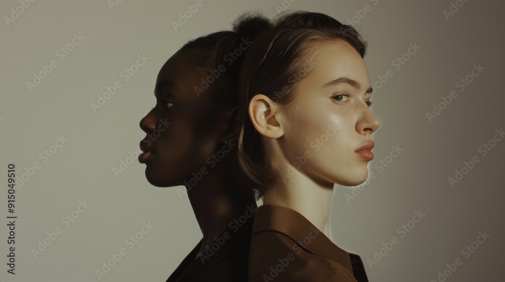 Two individuals stand back-to-back, contrasting light and shadow on their faces, embodying diversity and unity.