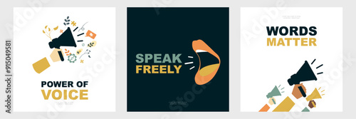Set of cards for Freedom of Speech theme. Modern design.