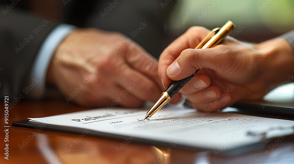 A close-up of a hand signing a partnership agreement, elegant pen with gold accents, handshake in the background, contemporary office setting, laptop and documents on the table, A close-up of a hand signing a partnership agreement, elegant pen with gold accents, handshake in the background, contemporary office setting, laptop and documents on the table,