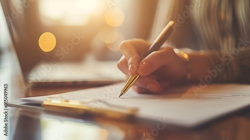 A close-up of a hand signing an employment contract, elegant pen with gold accents, contemporary office setting, laptop and notepad on the table, contract text partially visible, ambient lighting,