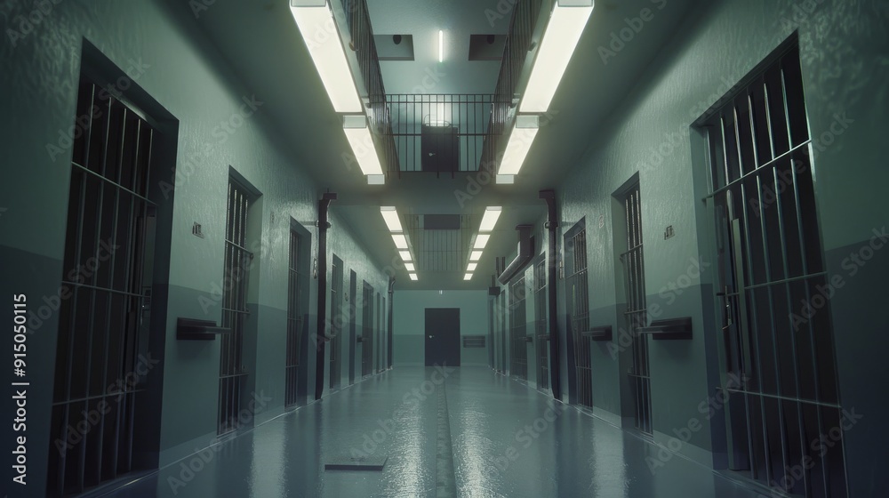 A desolate, dimly lit prison corridor with barred cell doors lining the walls, evoking a sense of isolation and confinement. A desolate, dimly lit prison corridor with barred cell doors lining the walls, evoking a sense of isolation and confinement.