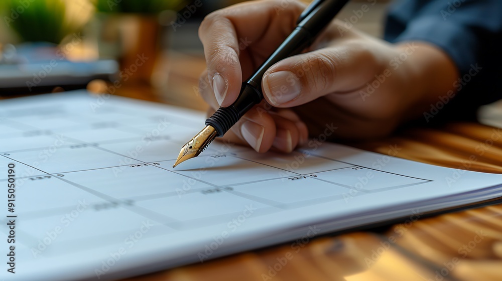 A close-up shot of a hand signing a contract renewal document, sleek fountain pen in hand, office calendar visible in the background, modern office setting, wooden desk, A close-up shot of a hand signing a contract renewal document, sleek fountain pen in hand, office calendar visible in the background, modern office setting, wooden desk,