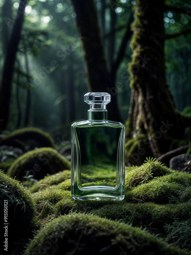 Clear bottle of perfume with green liquid inside, resting on bed of moss. Generative AI