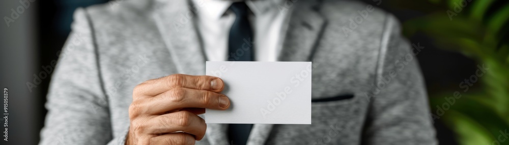 Close-up of a businessman in a grey suit holding a blank business card, ready for customization. Professional networking concept. Close-up of a businessman in a grey suit holding a blank business card, ready for customization. Professional networking concept.