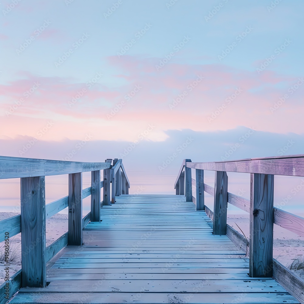 A serene boardwalk leading to a tranquil beach at sunrise, with pastel skies and calm waters creating a peaceful atmosphere. A serene boardwalk leading to a tranquil beach at sunrise, with pastel skies and calm waters creating a peaceful atmosphere.