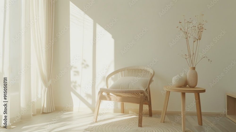 A minimalistic living room with sunlight streaming through large windows, highlighting a chair, side table, and delicate vases in a serene, natural ambiance. A minimalistic living room with sunlight streaming through large windows, highlighting a chair, side table, and delicate vases in a serene, natural ambiance.