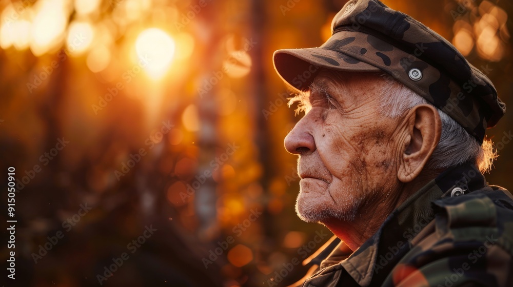 An elderly man in a military cap thoughtfully gazes into the distance, bathed in the golden hues of a sunset, evoking a sense of nostalgia and reflection. An elderly man in a military cap thoughtfully gazes into the distance, bathed in the golden hues of a sunset, evoking a sense of nostalgia and reflection.