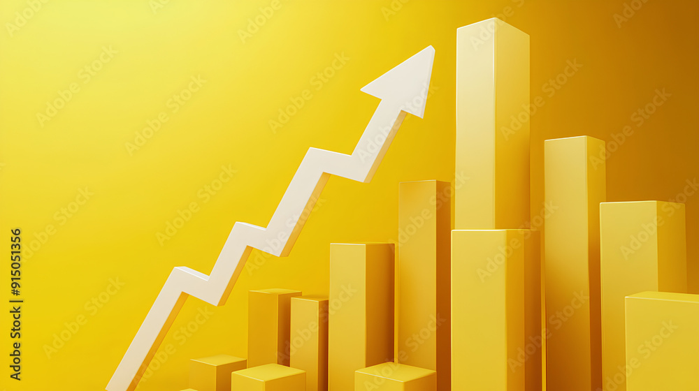 Fototapeta premium falling white chart arrow with percent icon on yellow background. Falling interest rates and mortgage concept