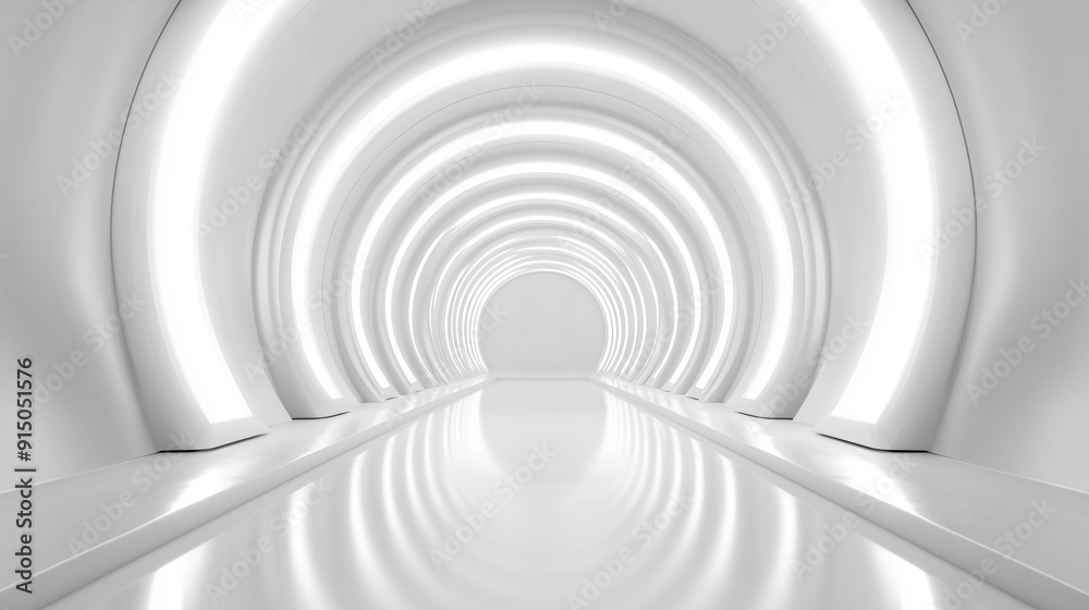 A long, white tunnel with a light shining through it. The tunnel is empty and the light is the only source of illumination