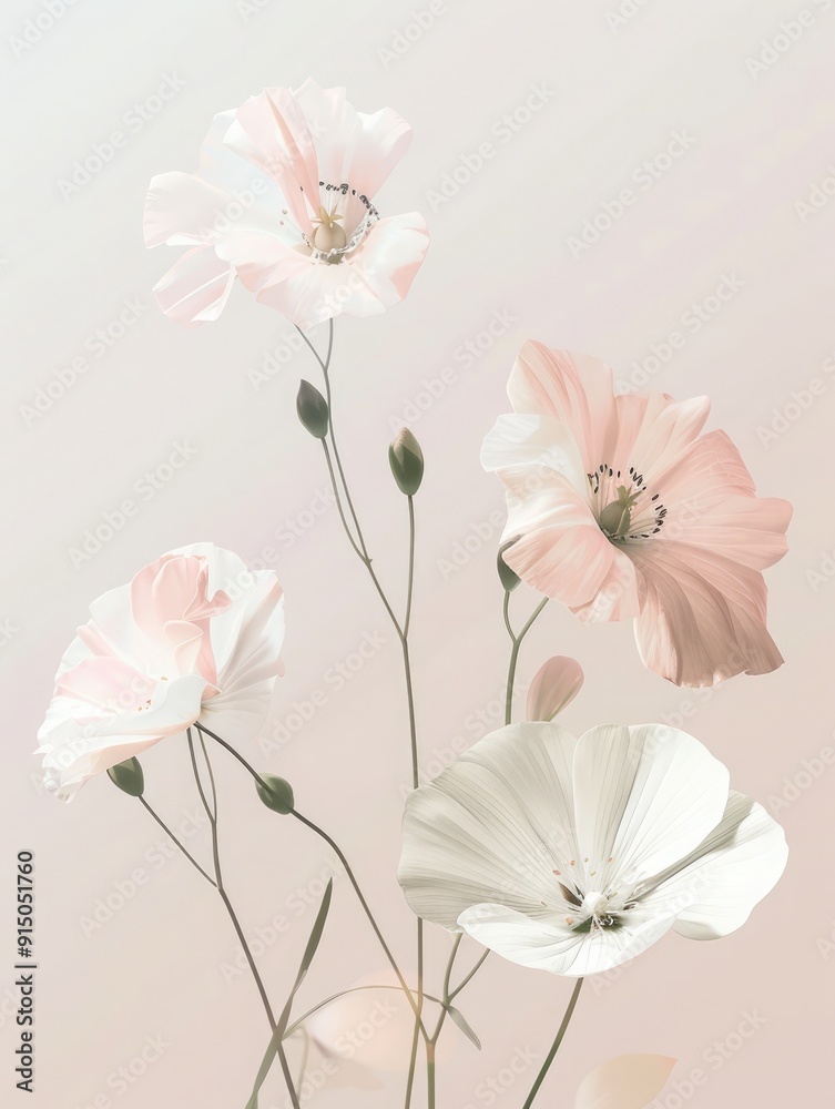 Delicate flowers in soft pastel tones displayed elegantly against a light background Delicate flowers in soft pastel tones displayed elegantly against a light background