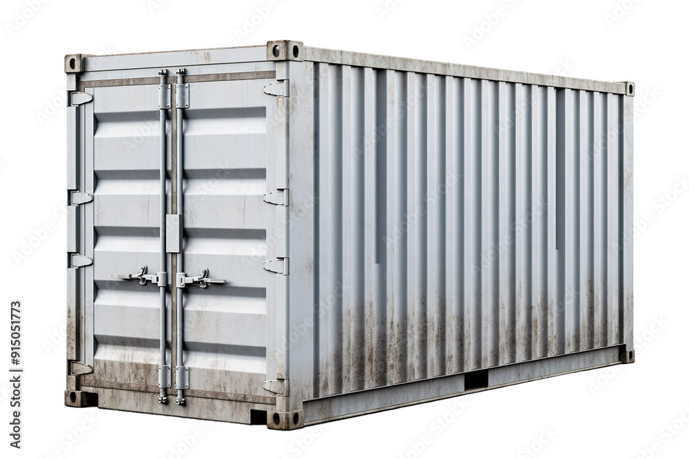Weathered Shipping Container Resting on a Shipping Dock Under a Cloudy Sky in the Late Afternoon on Transparent PNG Background.. Weathered Shipping Container Resting on a Shipping Dock Under a Cloudy Sky in the Late Afternoon on Transparent PNG Background..