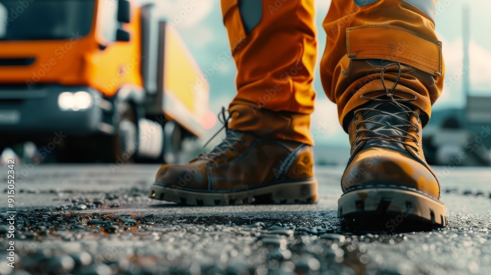 A worker's boots in focus, grounded on a gravelly surface with an industrial truck blurred in the background. A worker's boots in focus, grounded on a gravelly surface with an industrial truck blurred in the background.