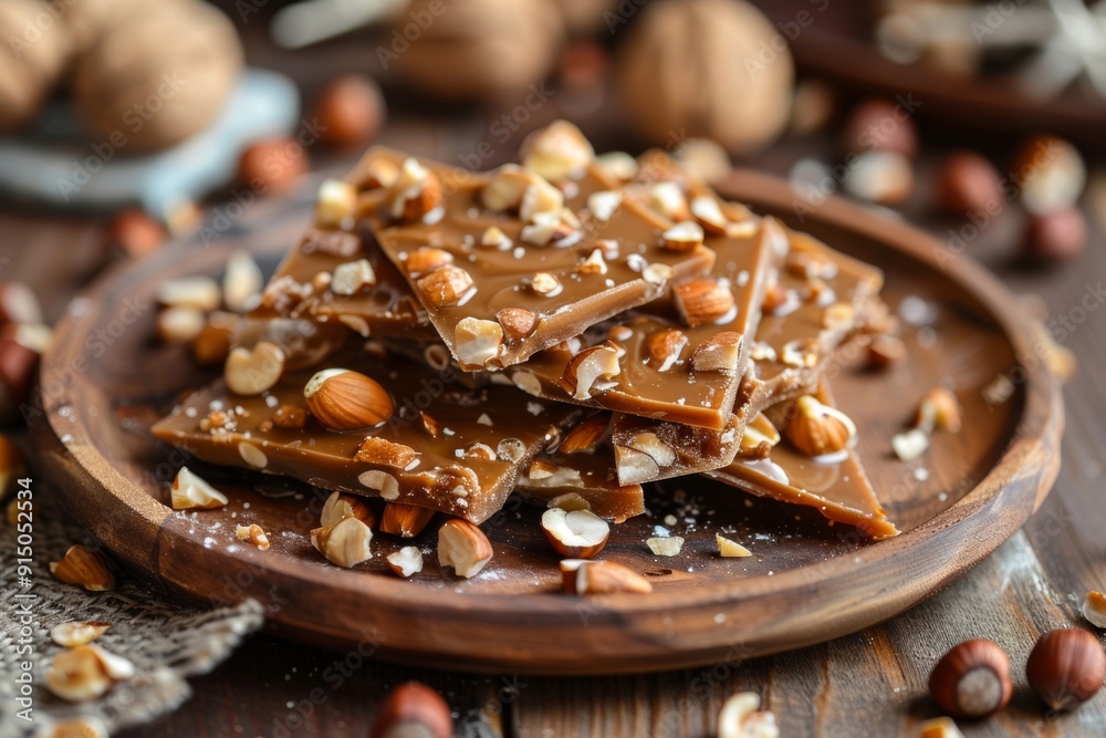 Savor hazelnut brittle candy broken into pieces on a platter. Savor hazelnut brittle candy broken into pieces on a platter.