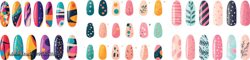 Stylish nail designs. Colorful and stylish nail manicure and pedicure design personal manicured fingernails ornament for fashion set.