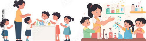 Teacher teaching children to wash their hands by hand with soap in the classroom sink faucet