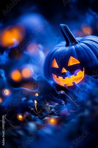 Obraz na płótnie Glowing halloween pumpkin in dark, mystical fog with spooky lights and eerie eyes, perfect for autumn celebrations. Fantasy like atmosphere with blurred lights and copy space w salonie