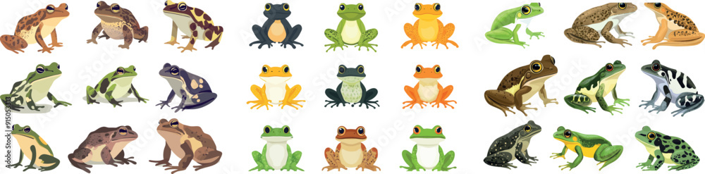 Fototapeta premium The cartoon of a frog toad. Exotic frogs and poison toads, exotic swamp animals, forest creatures with big eyes