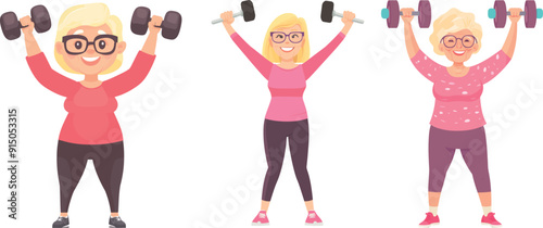 Exercise with dumbbells by an old woman. Senior fitness training