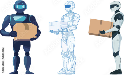 Open cardboard box carried by robot. Character depicted as an android worker