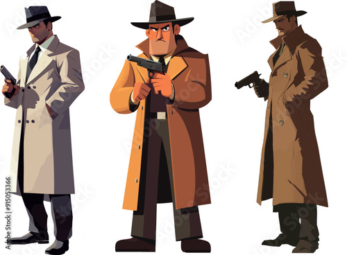 Animated detective character in retro coat with gun