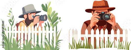 Photograph of private investigator taken from bush. Spy cartoon.