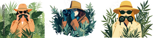 An investigator hiding in a bushes with binoculars. Professional surveillance at work.