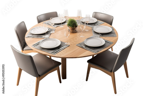 Elegant Round Dining Table Decorated for a Cozy Evening Gathering With Stylish Chairs on Transparent PNG Background..