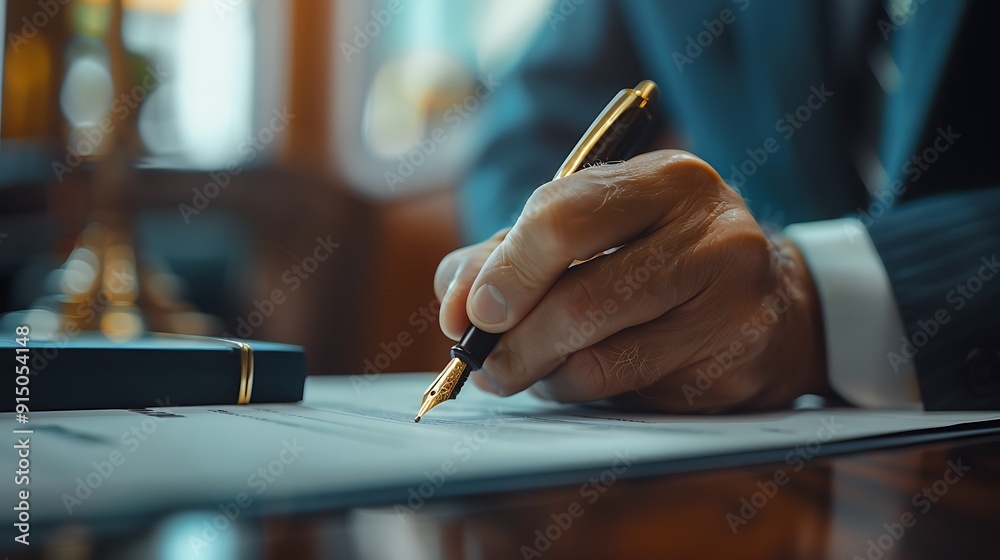 Detailed close-up of a hand signing a product warranty registration, high-end pen with gold accents, product box visible, professional office setting, sleek desk, Detailed close-up of a hand signing a product warranty registration, high-end pen with gold accents, product box visible, professional office setting, sleek desk,