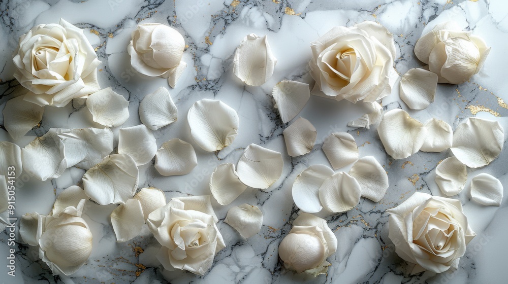 An elegant white carrara marble background, adorned with subtle gold leaf details and scattered white rose petals. An elegant white carrara marble background, adorned with subtle gold leaf details and scattered white rose petals.