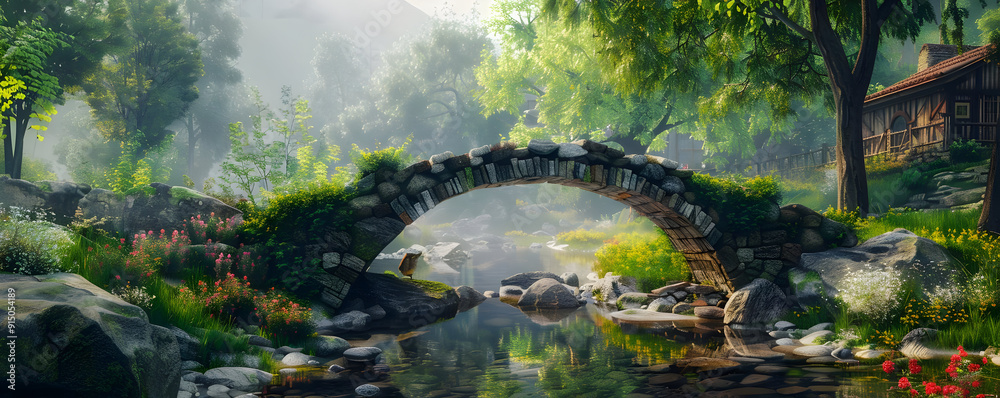 Stone Bridge Over a Misty River in a Lush Forest - Illustration Stone Bridge Over a Misty River in a Lush Forest - Illustration