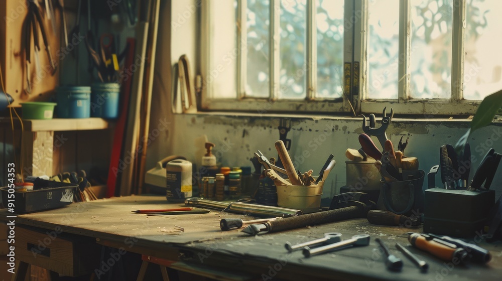 Sunlit workshop with tools neatly arranged on a wooden workbench near a window. Sunlit workshop with tools neatly arranged on a wooden workbench near a window.