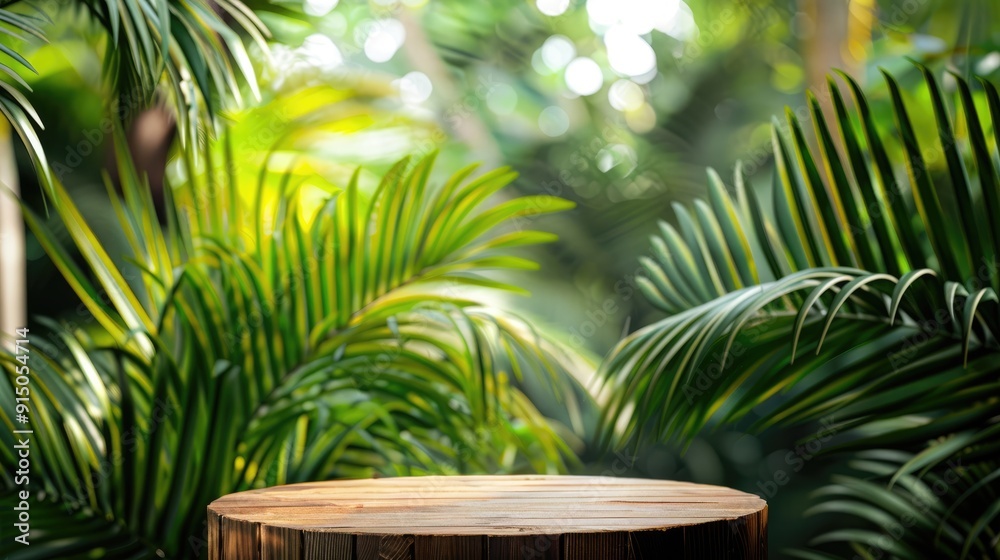 Fototapeta premium Blurry green palm leaves as background for wooden podium in outdoor tropical garden.