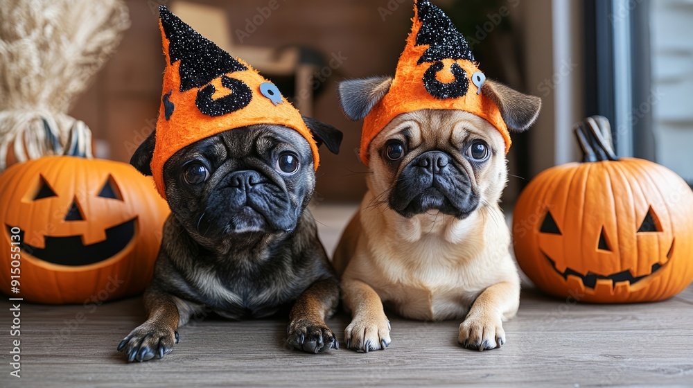 Pugs in halloween costumes strike a pose on a wooden floor surrounded by carved pumpkins