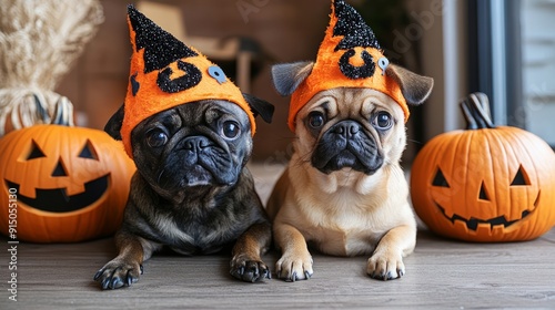 Obraz na płótnie Pugs in halloween costumes strike a pose on a wooden floor surrounded by carved pumpkins w salonie