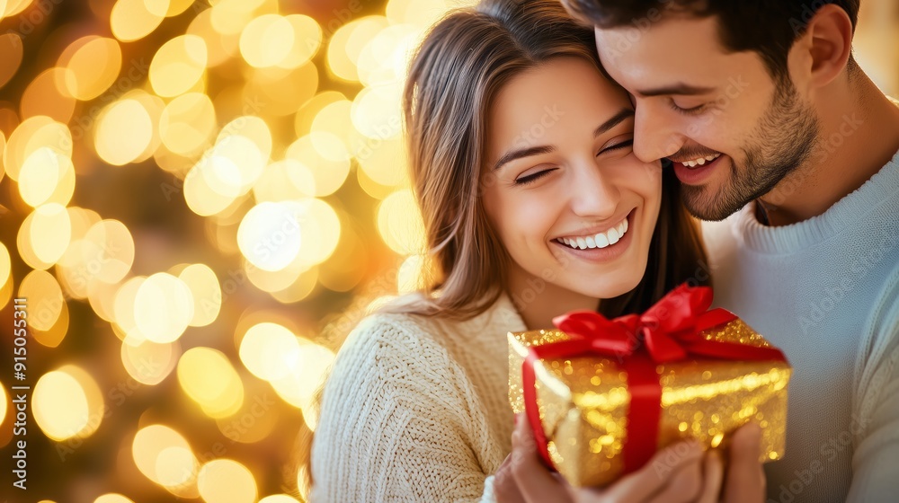 Un uomo e una donna sorridono mentre si scambiano un regalo con un fiocco rosso, circondati da luci dorate. L'immagine trasmette amore, gioia e spirito natalizio. Un uomo e una donna sorridono mentre si scambiano un regalo con un fiocco rosso, circondati da luci dorate. L'immagine trasmette amore, gioia e spirito natalizio.